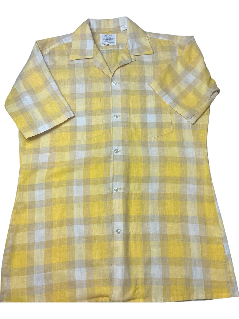 Vintage 60s Arrow Sanforized loop collar gold/cream plaid Dexton button front XL